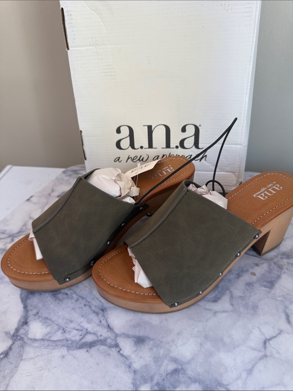 a.n.a Olive Green Slip-On Clog Heels